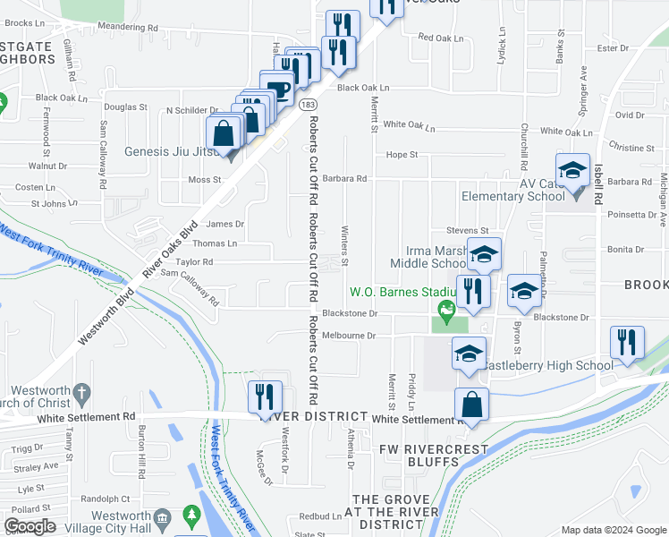 map of restaurants, bars, coffee shops, grocery stores, and more near 5213 Park Drive in River Oaks