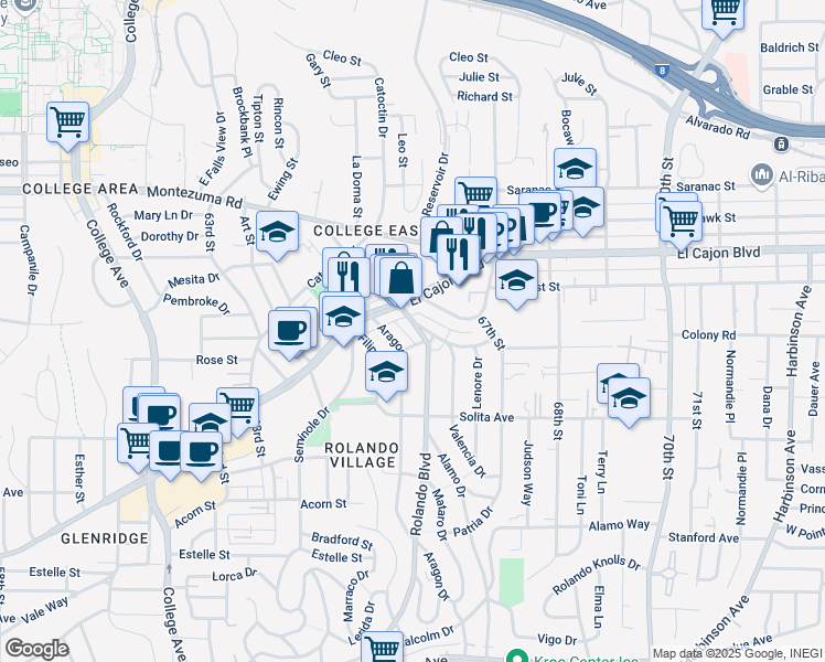 map of restaurants, bars, coffee shops, grocery stores, and more near 4808 Rolando Boulevard in San Diego