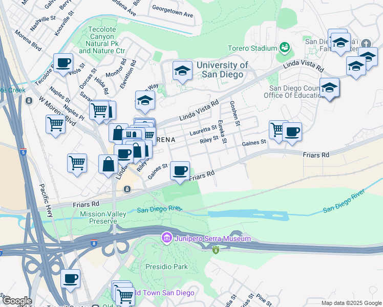 map of restaurants, bars, coffee shops, grocery stores, and more near 5604 Gaines Street in San Diego