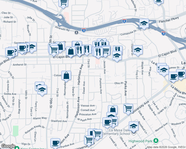 map of restaurants, bars, coffee shops, grocery stores, and more near 7330 Colony Road in La Mesa