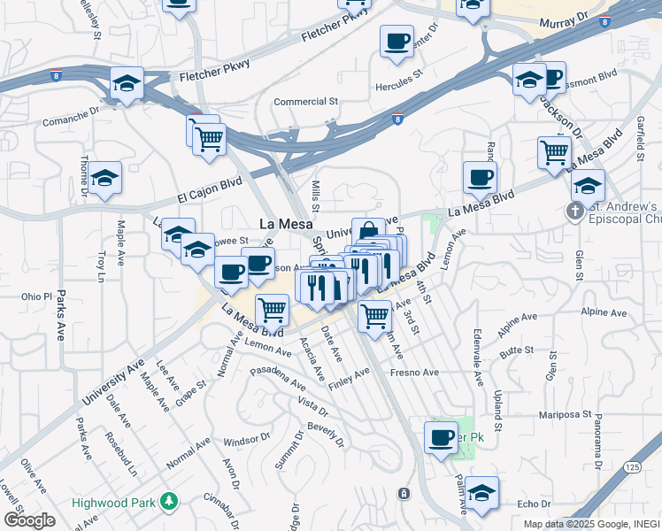 map of restaurants, bars, coffee shops, grocery stores, and more near 8206 Allison Avenue in La Mesa