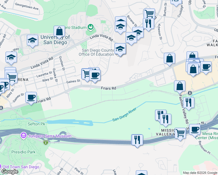 map of restaurants, bars, coffee shops, grocery stores, and more near 6304 Friars Road in San Diego
