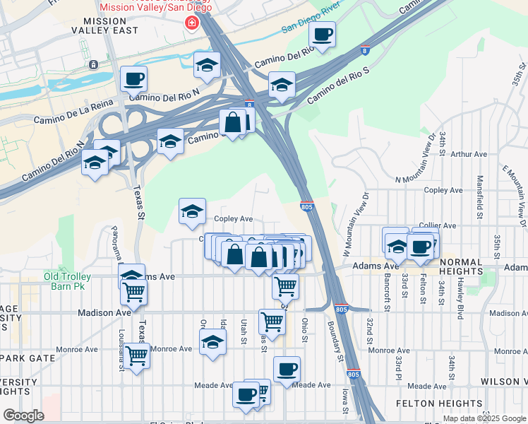 map of restaurants, bars, coffee shops, grocery stores, and more near 4915 Eyrie Road in San Diego