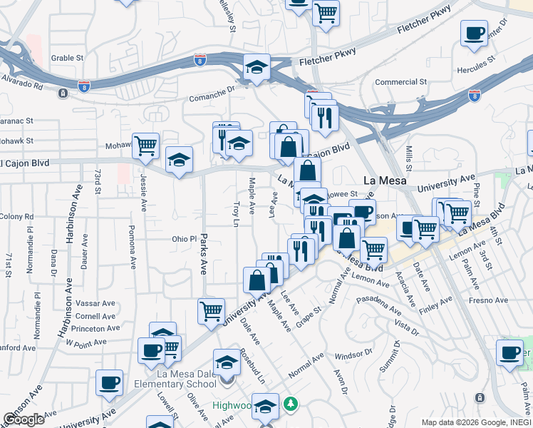 map of restaurants, bars, coffee shops, grocery stores, and more near 4800 Lee Avenue in La Mesa
