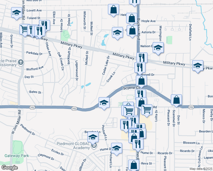 map of restaurants, bars, coffee shops, grocery stores, and more near 3422 Cronk Lane in Dallas