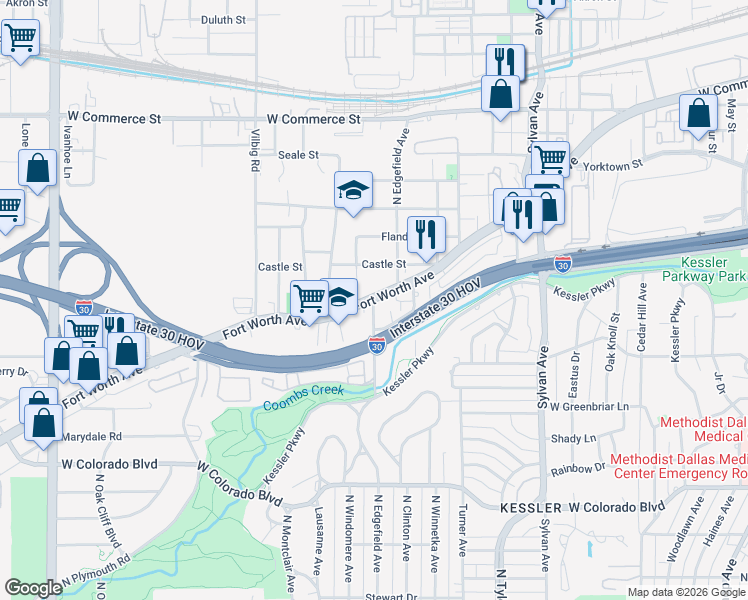 map of restaurants, bars, coffee shops, grocery stores, and more near 1402 Fort Worth Avenue in Dallas