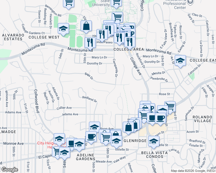 map of restaurants, bars, coffee shops, grocery stores, and more near 5727 Baja Drive in San Diego