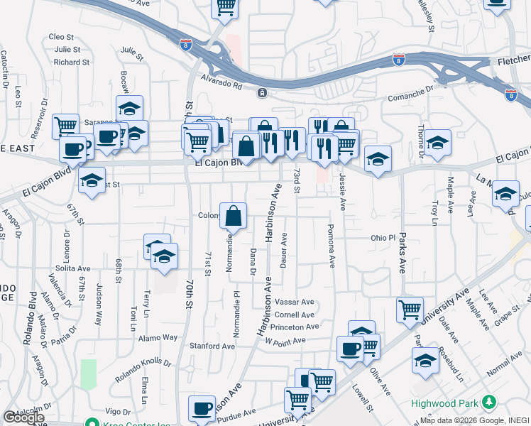 map of restaurants, bars, coffee shops, grocery stores, and more near 7212 Colony Road in La Mesa