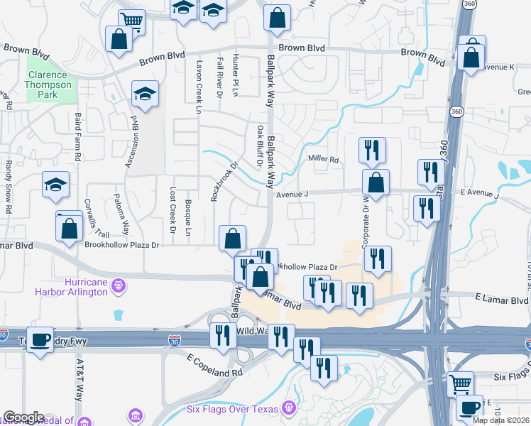 map of restaurants, bars, coffee shops, grocery stores, and more near 2024 Crooked Creek Lane in Arlington