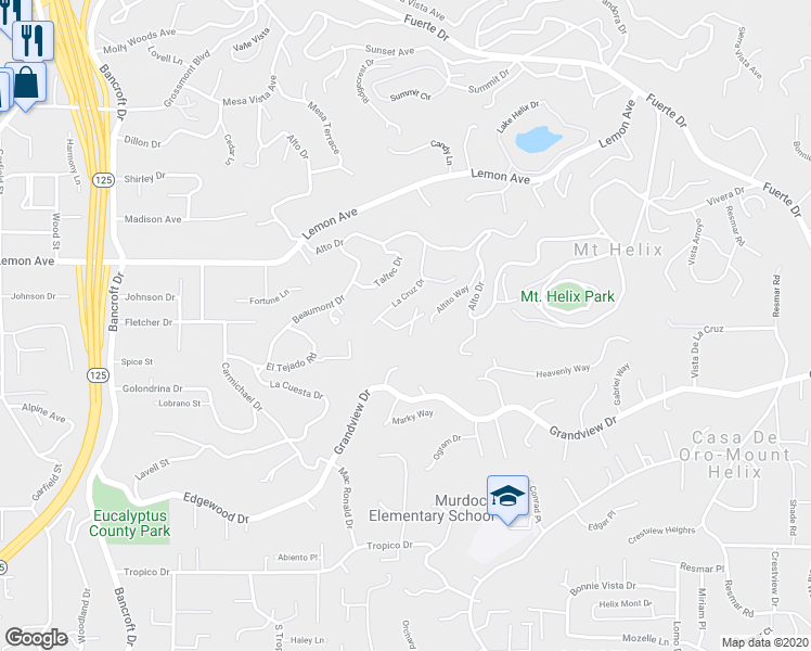 map of restaurants, bars, coffee shops, grocery stores, and more near La Perla Way in La Mesa