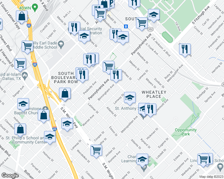 map of restaurants, bars, coffee shops, grocery stores, and more near 2708 Birmingham Avenue in Dallas