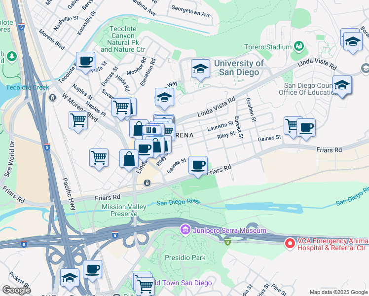 map of restaurants, bars, coffee shops, grocery stores, and more near 1136 Azusa Street in San Diego