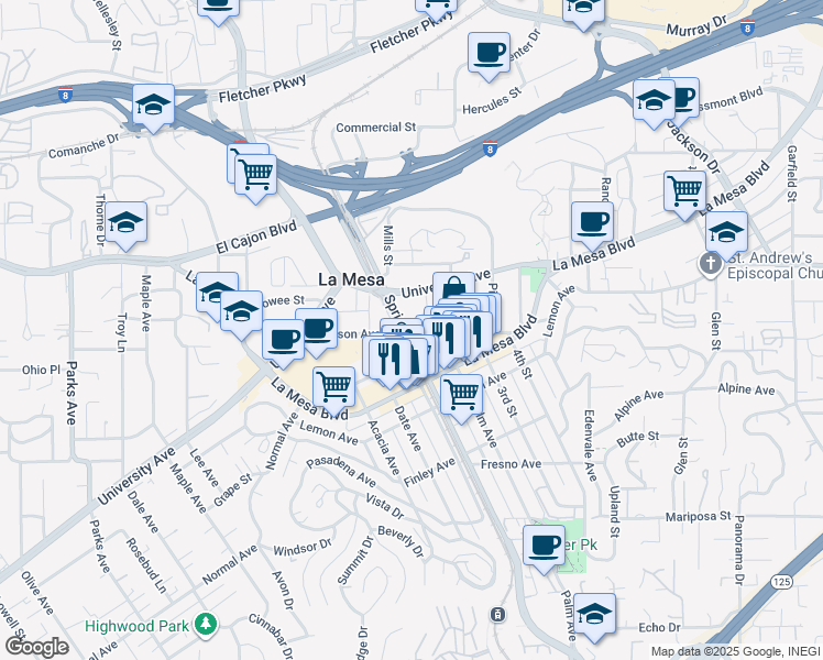 map of restaurants, bars, coffee shops, grocery stores, and more near 8206 Allison Avenue in La Mesa