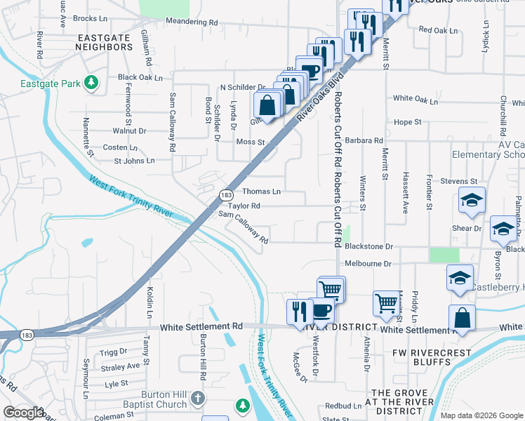 map of restaurants, bars, coffee shops, grocery stores, and more near 5513 Taylor Road in River Oaks