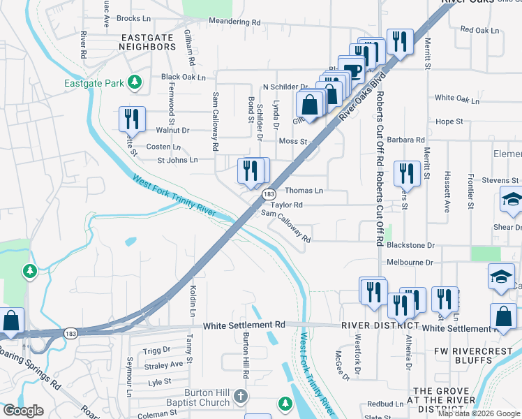 map of restaurants, bars, coffee shops, grocery stores, and more near 5698 Sam Calloway Road in River Oaks