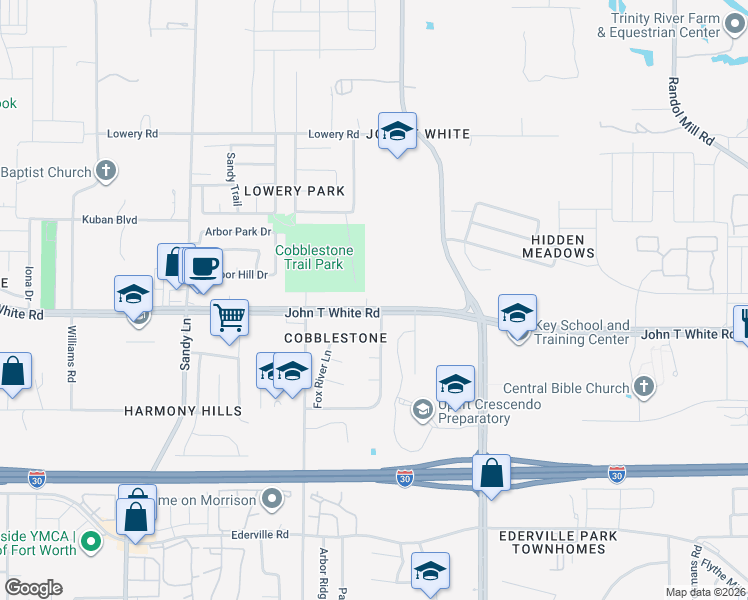 map of restaurants, bars, coffee shops, grocery stores, and more near 7651 John T White Rd in Fort Worth