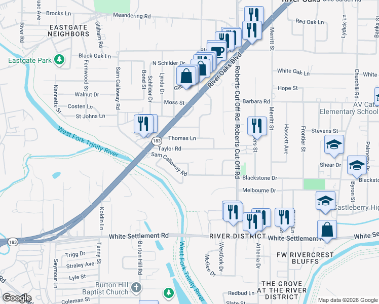 map of restaurants, bars, coffee shops, grocery stores, and more near 5513 Taylor Road in River Oaks
