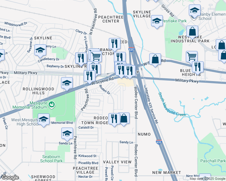 map of restaurants, bars, coffee shops, grocery stores, and more near 2128 Crooked Bow Drive in Mesquite
