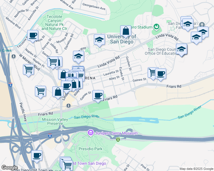 map of restaurants, bars, coffee shops, grocery stores, and more near 5624 Gaines Street in San Diego