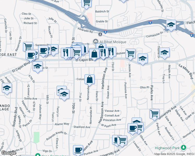map of restaurants, bars, coffee shops, grocery stores, and more near 7200 Colony Road in La Mesa