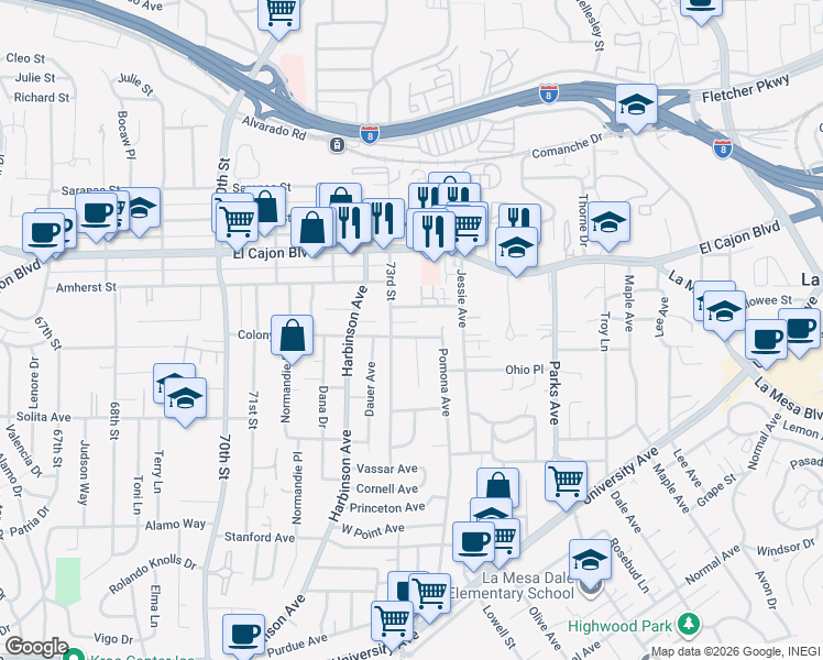 map of restaurants, bars, coffee shops, grocery stores, and more near 7330 Colony Road in La Mesa
