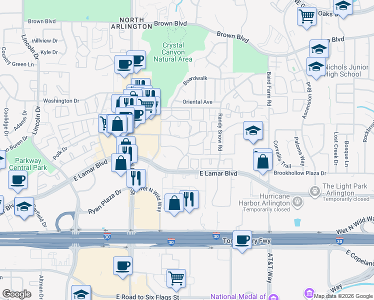 map of restaurants, bars, coffee shops, grocery stores, and more near 2006 Cloisters Drive in Arlington