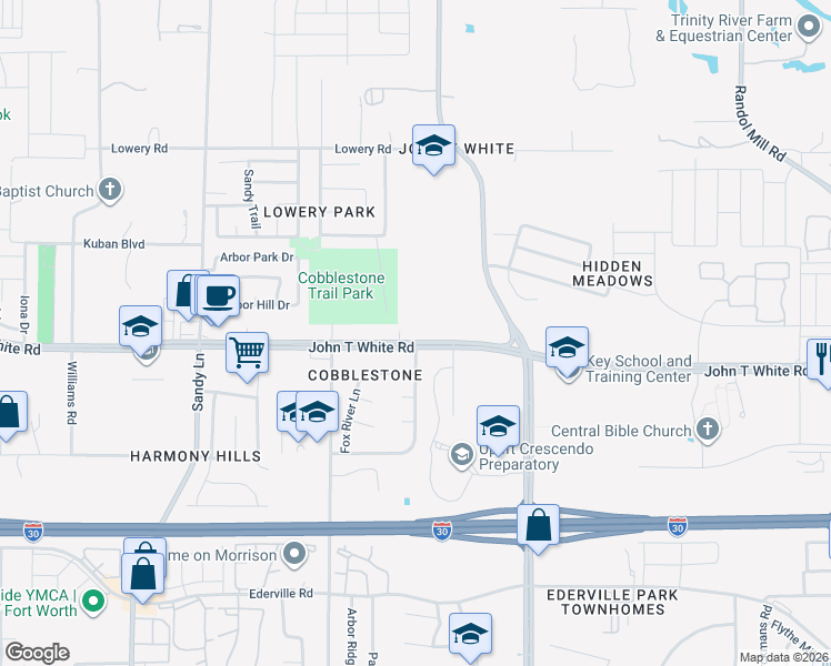map of restaurants, bars, coffee shops, grocery stores, and more near 7651 John T White Road in Fort Worth