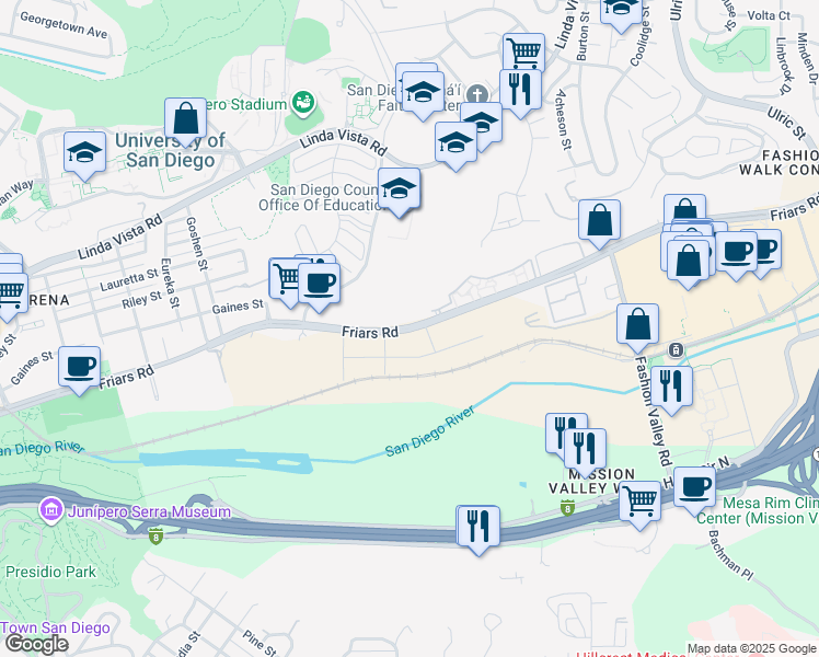 map of restaurants, bars, coffee shops, grocery stores, and more near 6430 Friars Road in San Diego