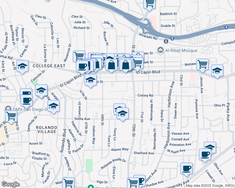 map of restaurants, bars, coffee shops, grocery stores, and more near 6891 Eberhart Street in San Diego