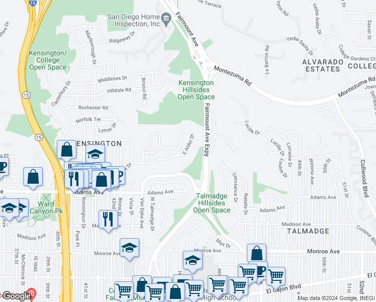 map of restaurants, bars, coffee shops, grocery stores, and more near 4827 East Alder Drive in San Diego