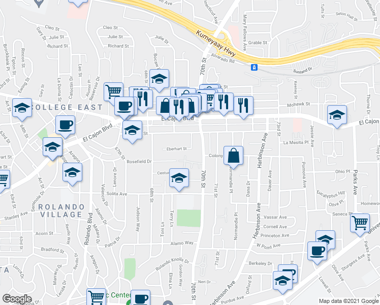 map of restaurants, bars, coffee shops, grocery stores, and more near 6959 Eberhart Street in San Diego