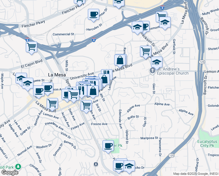 map of restaurants, bars, coffee shops, grocery stores, and more near 8440 Hillcrest Avenue in La Mesa