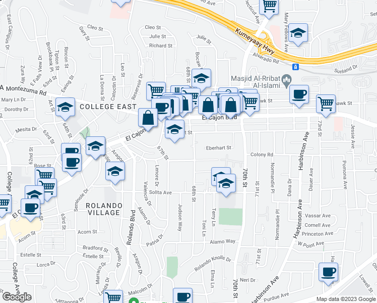 map of restaurants, bars, coffee shops, grocery stores, and more near 4809 68th Street in San Diego
