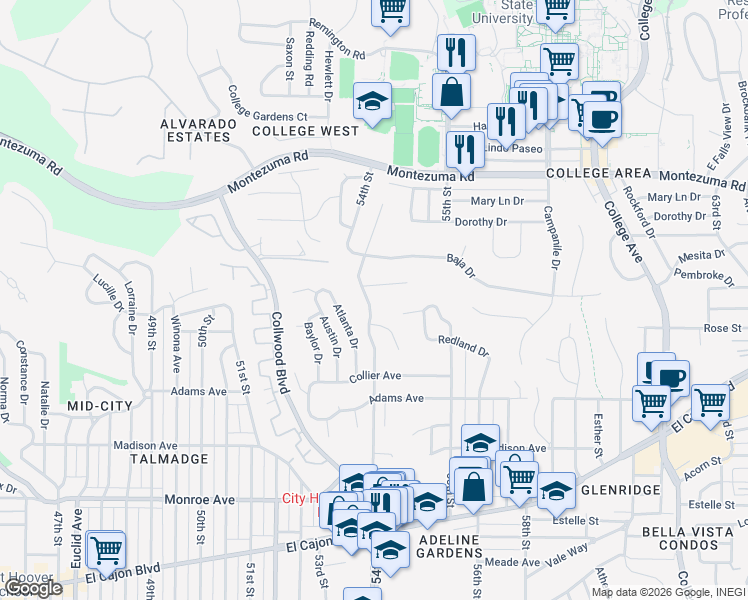 map of restaurants, bars, coffee shops, grocery stores, and more near 4841 54th Street in San Diego