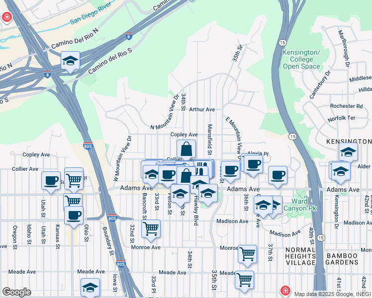 map of restaurants, bars, coffee shops, grocery stores, and more near 4824 Hawley Boulevard in San Diego