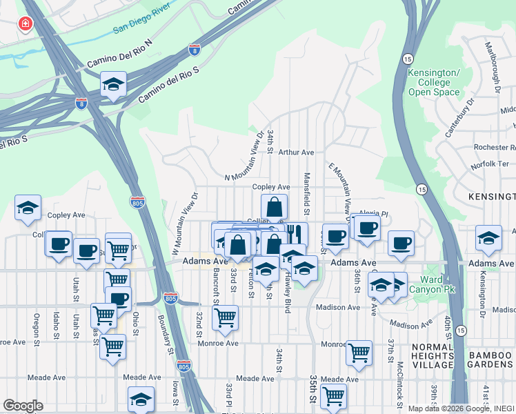 map of restaurants, bars, coffee shops, grocery stores, and more near 4823 Felton Street in San Diego