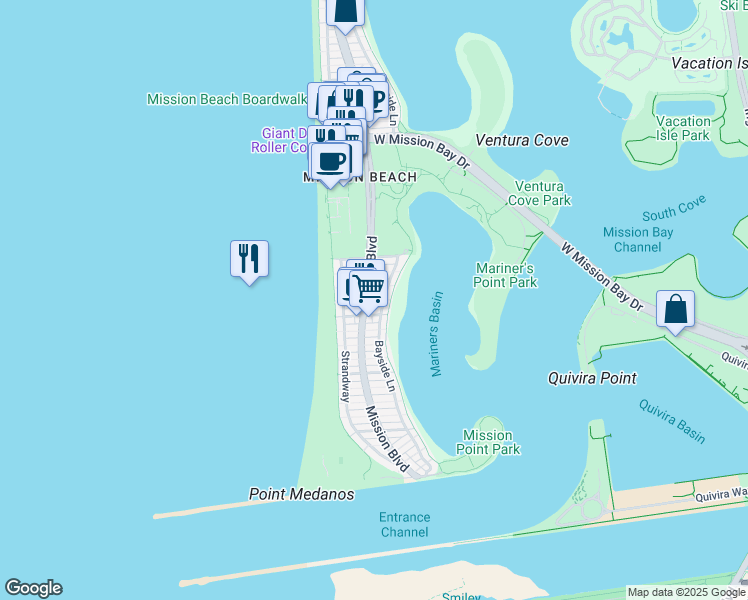 map of restaurants, bars, coffee shops, grocery stores, and more near 2921 Bayside Lane in San Diego