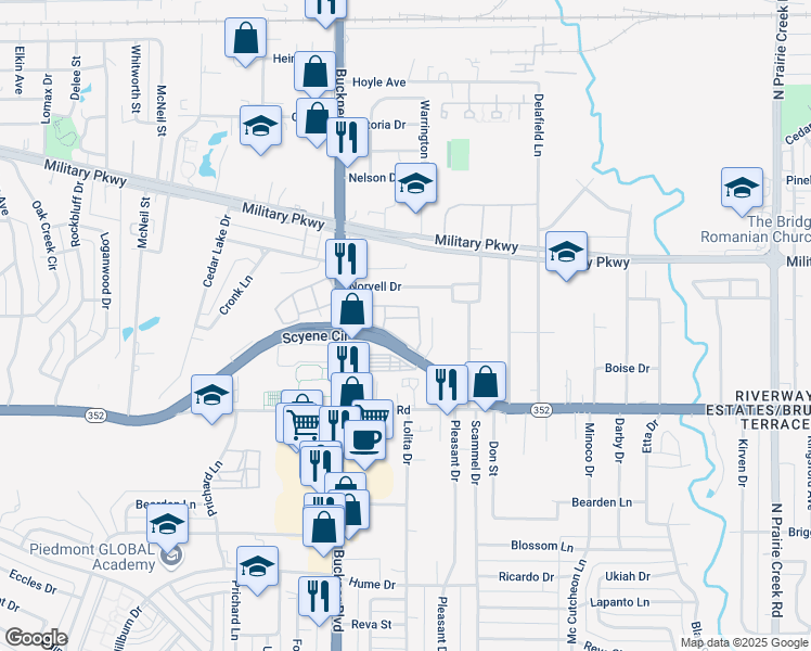 map of restaurants, bars, coffee shops, grocery stores, and more near 3323 Scyene Court in Dallas