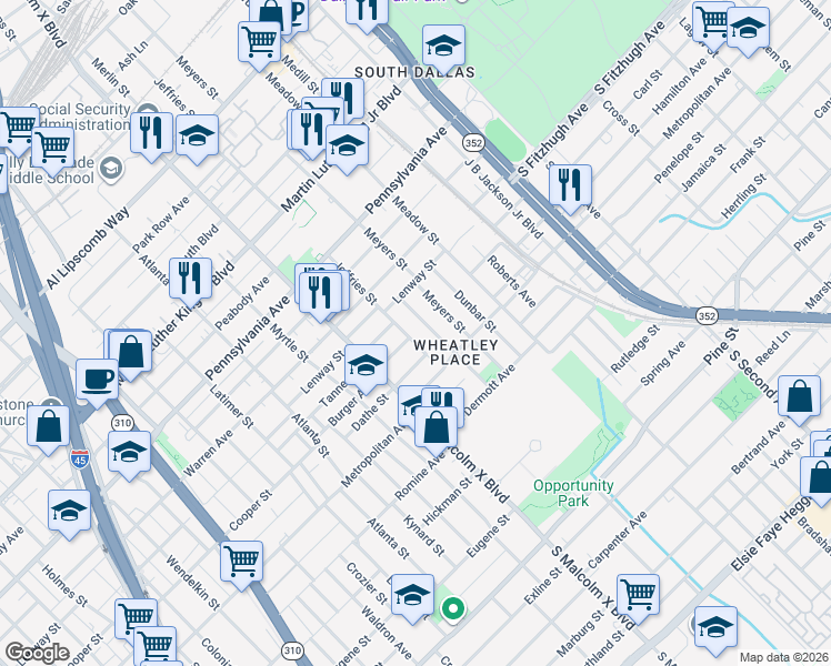 map of restaurants, bars, coffee shops, grocery stores, and more near 3602 Jeffries Street in Dallas