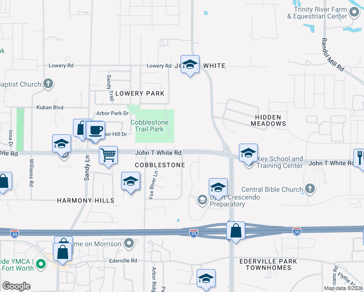 map of restaurants, bars, coffee shops, grocery stores, and more near 7651 John T White Road in Fort Worth