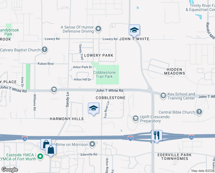 map of restaurants, bars, coffee shops, grocery stores, and more near 7621 John T White Road in Fort Worth