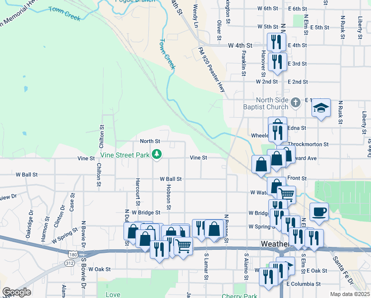 map of restaurants, bars, coffee shops, grocery stores, and more near 602 Vine Street in Weatherford