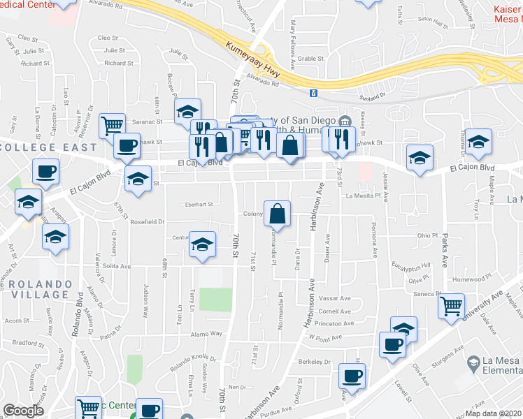 map of restaurants, bars, coffee shops, grocery stores, and more near 7130 Colony Road in La Mesa