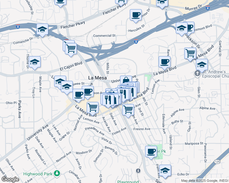 map of restaurants, bars, coffee shops, grocery stores, and more near 8200 Allison Avenue in La Mesa