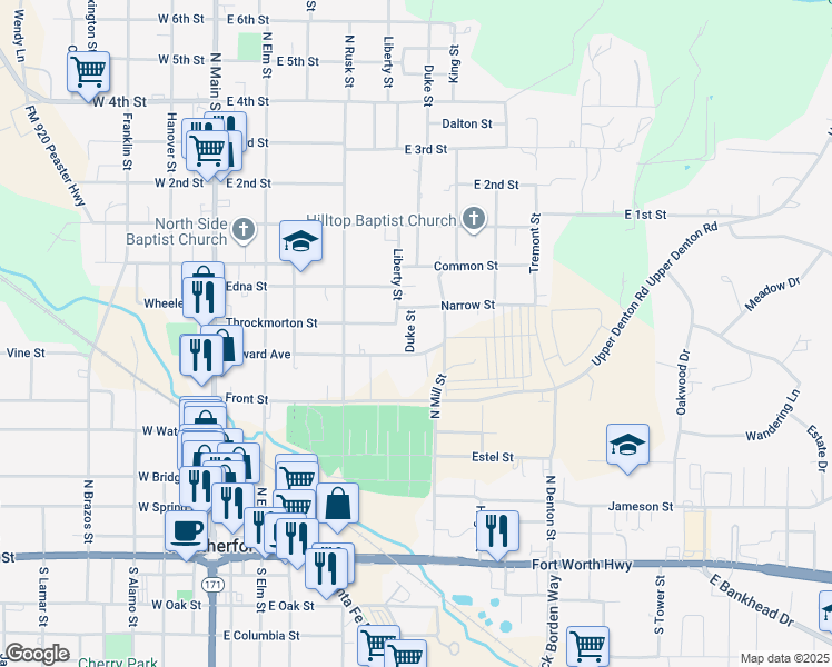 map of restaurants, bars, coffee shops, grocery stores, and more near 608 Duke Street in Weatherford