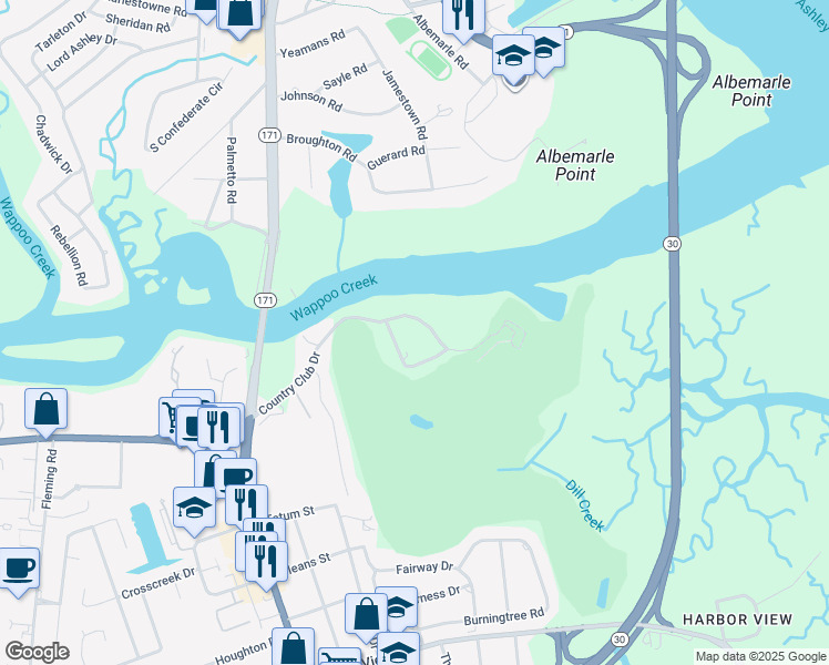 map of restaurants, bars, coffee shops, grocery stores, and more near 13 Country Club Drive in Charleston