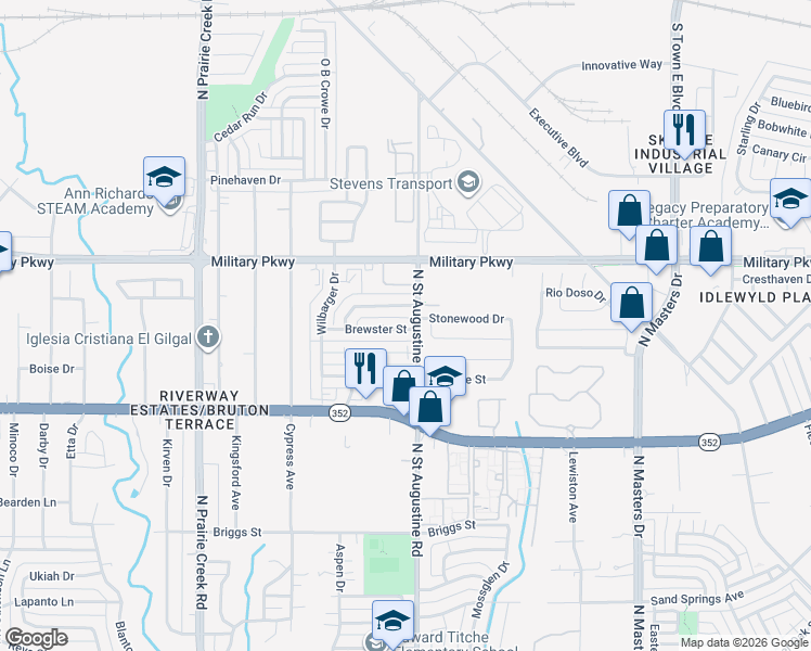 map of restaurants, bars, coffee shops, grocery stores, and more near 9556 Brewster Street in Dallas