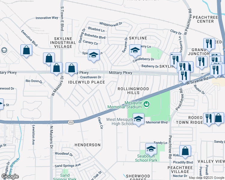 map of restaurants, bars, coffee shops, grocery stores, and more near 208 Darien Drive in Mesquite