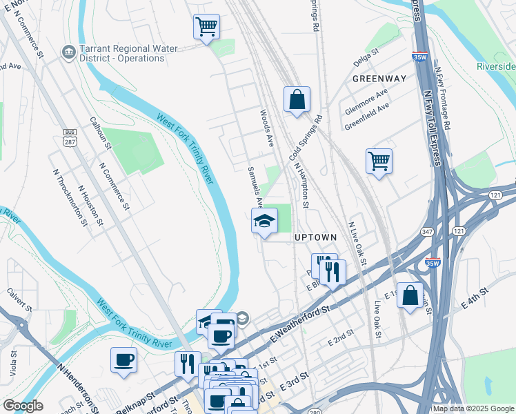 map of restaurants, bars, coffee shops, grocery stores, and more near 637 Samuels Avenue in Fort Worth