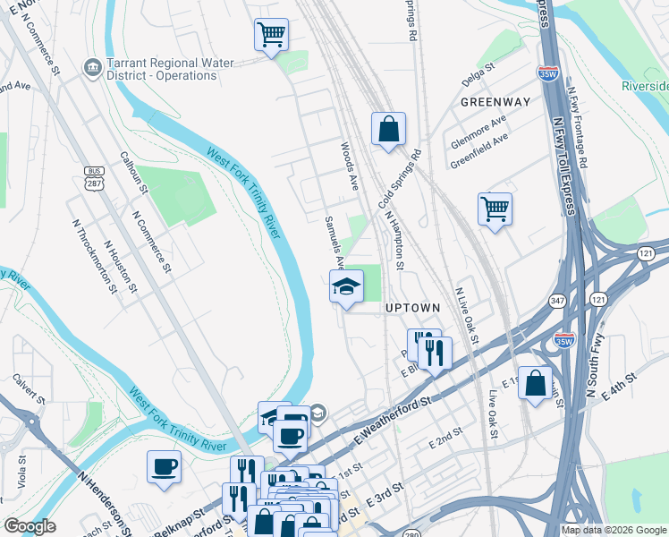map of restaurants, bars, coffee shops, grocery stores, and more near 637 Samuels Avenue in Fort Worth